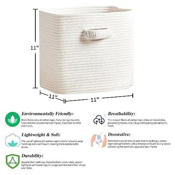 RUNKA Storage Cube Baskets - 3 Pack - 11 inch Square Baskets for Closet, White - Picture 2 of 9